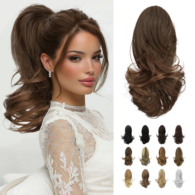 Sofeiyan 13" Ponytail Extension Long Curly Ponytail Clip in Claw Hair Extension Natural Looking Synthetic Hairpiece for Women, Auburn Mix - Image 1
